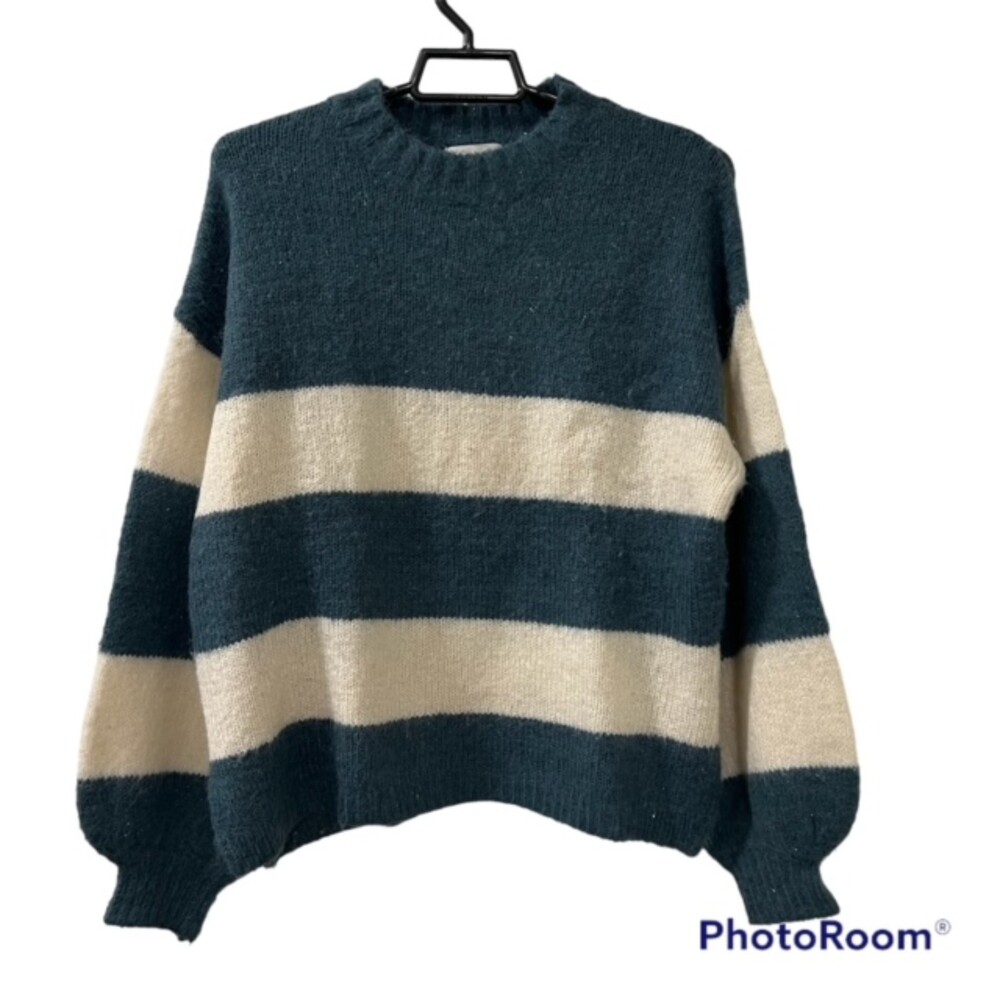 Lovers+Friends Womens Green White Striped Wool Blend Knit Sweater Glitters Sz SM